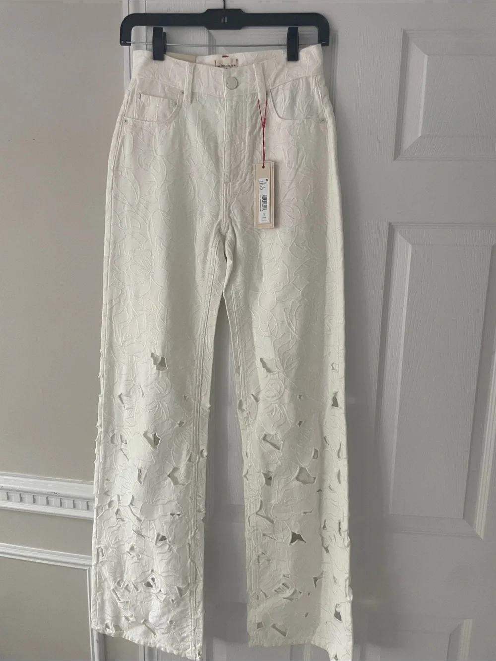 Alice + Olivia White Eyelet Jeans with Red Stitch Accents - Picture 6 of 14